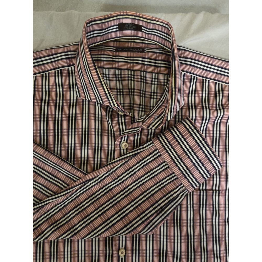 Peter Millar Mens L Pink Shirt Plaid Long Sleeve Button